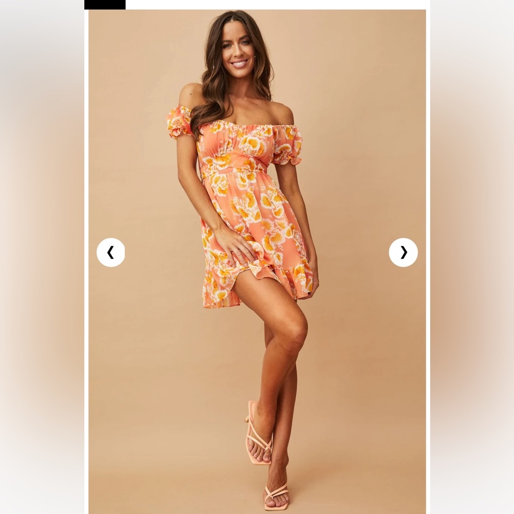Orange off shoulder floral dress